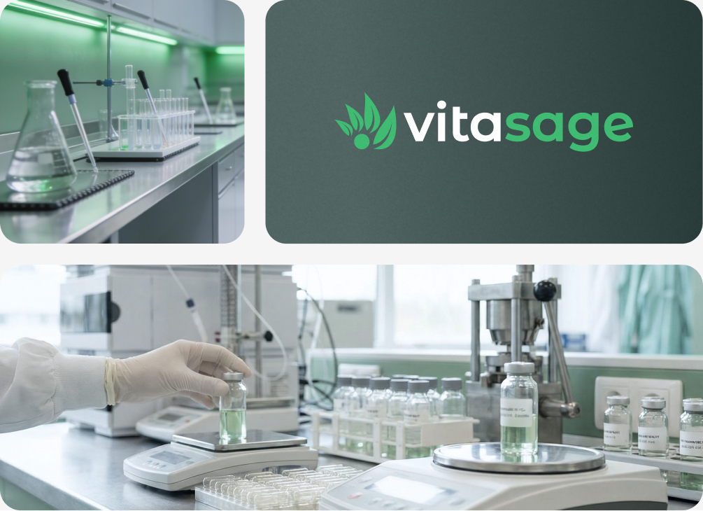 Laboratory collage with Vitasage brand panel and research imagery